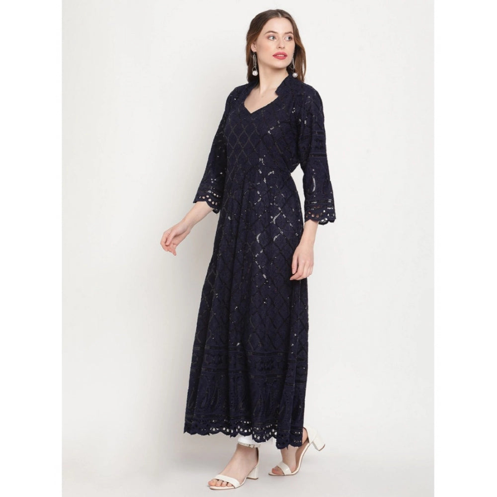 Navy Blue Embroidered Cotton Anarkali Kurti, 3/4th sleeve, ankle length, mandarin collar for women's casual style