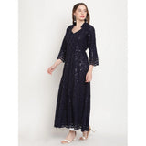 Navy Blue Embroidered Cotton Anarkali Kurti, 3/4th sleeve, ankle length, mandarin collar for women's casual style