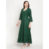 Dark green embroidered cotton anarkali kurti with 3/4th sleeves, ideal for casual wear