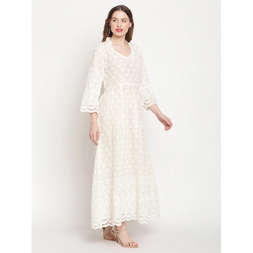 White embroidered cotton Anarkali kurti, ankle length with mandarin collar and 3/4th sleeves