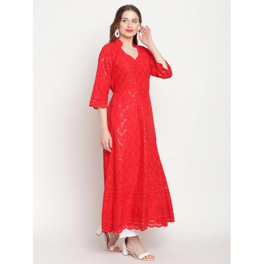 Red embroidered cotton ankle-length Anarkali kurti with mandarin collar and 3/4th sleeves