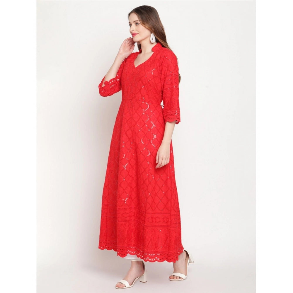 Red embroidered cotton ankle-length kurti with 3/4th sleeves (anarkali style)