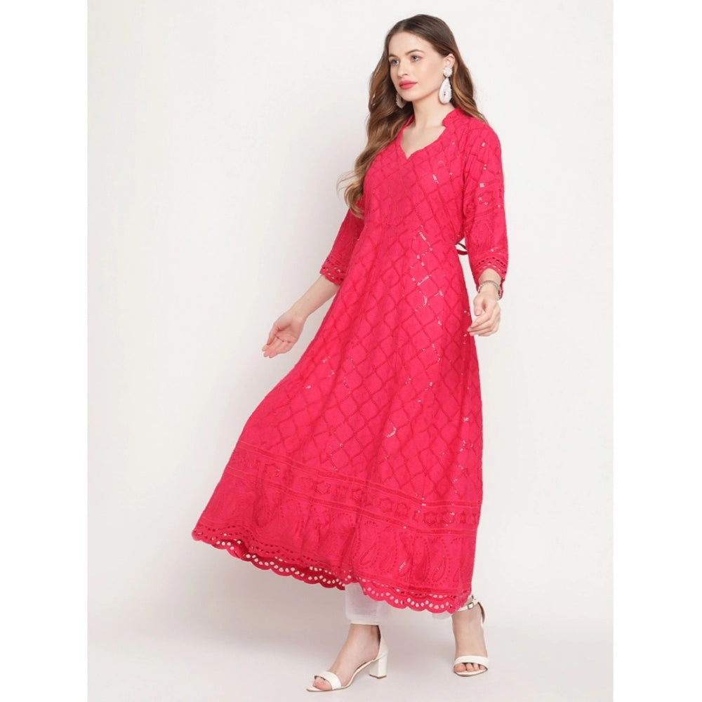 Magenta embroidered cotton ankle-length Anarkali kurti with mandarin collar and 3/4th sleeves
