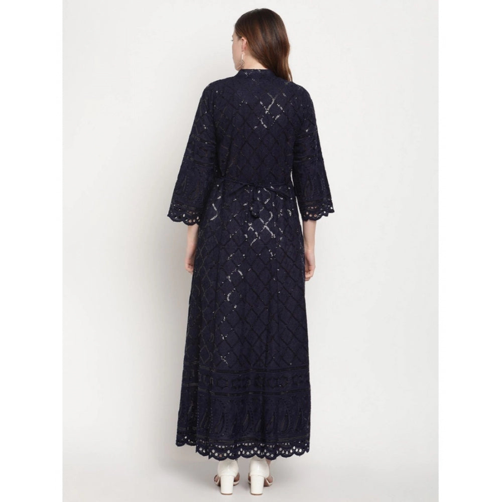 Navy Blue Embroidered Cotton Anarkali Kurti with 3/4th sleeves