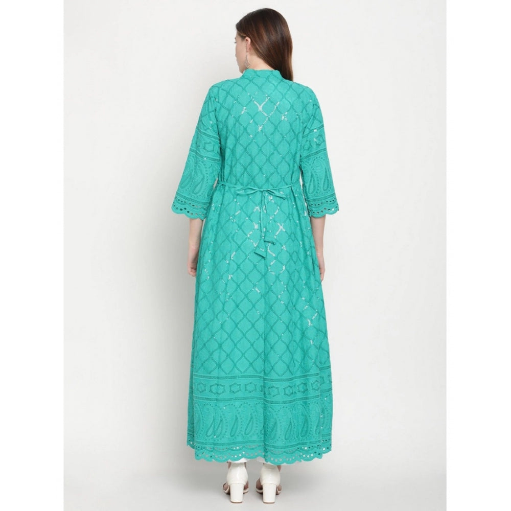 Blue embroidered cotton ankle-length Anarkali kurti with 3/4th sleeves and mandarin collar
