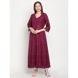 Purple embroidered cotton anarkali kurti, casual 3/4th sleeve length with mandarin collar, suitable for women's ankle-length fashion