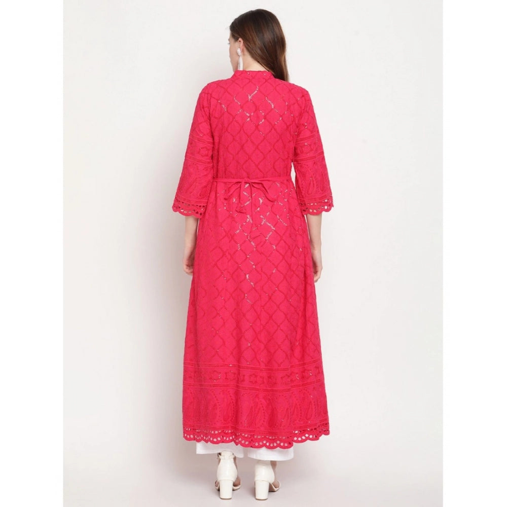 Magenta embroidered cotton anarkali kurti with 3/4th sleeves and mandarin collar, casual style for women's ankle-length wear