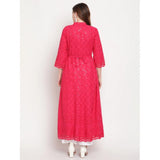 Magenta embroidered cotton anarkali kurti with 3/4th sleeves and mandarin collar, casual style for women's ankle-length wear