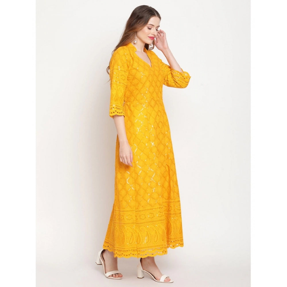 Mustard embroidered cotton ankle-length Anarkali kurti for women (3/4th sleeve, mandarin collar)
