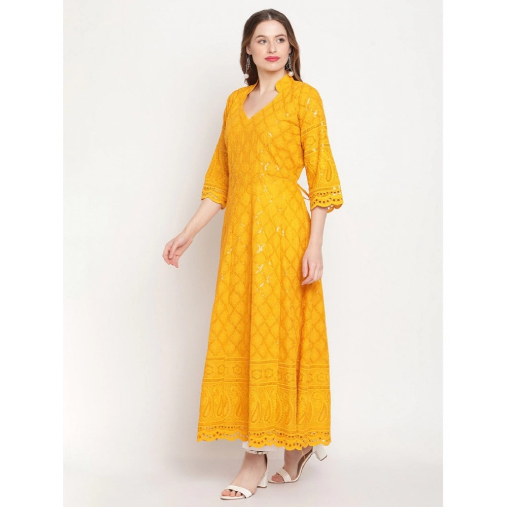 Mustard embroidered cotton ankle-length kurti with mandarin collar and 3/4th sleeves for women