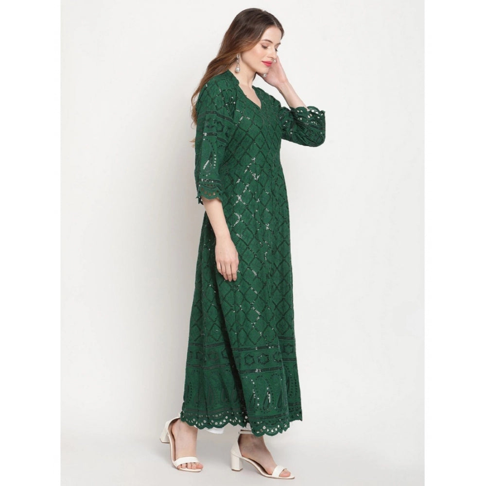 Dark green embroidered cotton ankle-length Anarkali kurti for women
