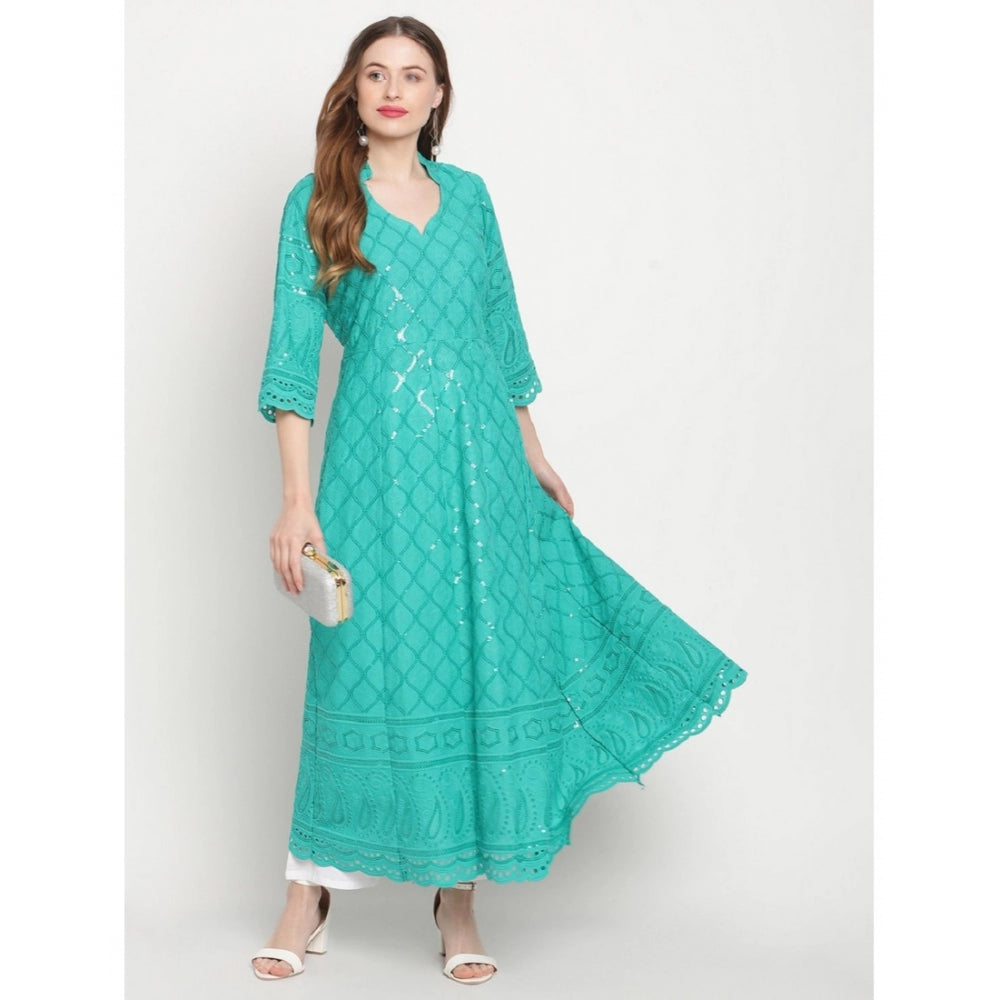 Blue embroidered cotton ankle-length Anarkali kurti with 3/4th sleeves and mandarin collar