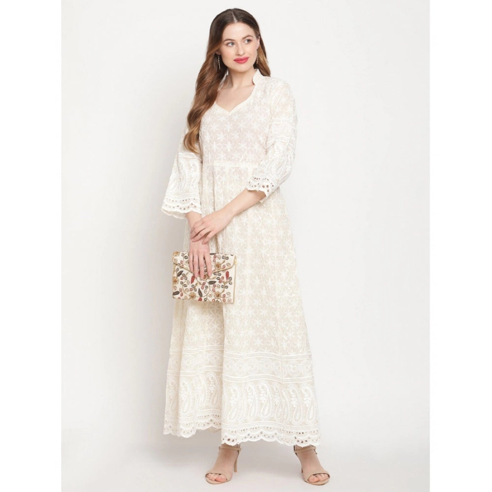 White embroidered cotton ankle-length Anarkali kurti with mandarin collar and 3/4th sleeves