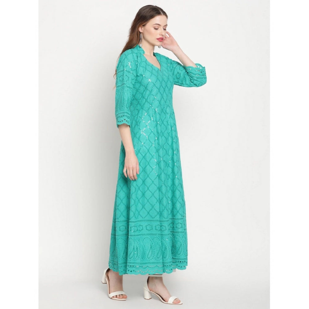 Blue embroidered cotton anarkali kurti with 3/4th sleeves and mandarin collar, ankle length style for women
