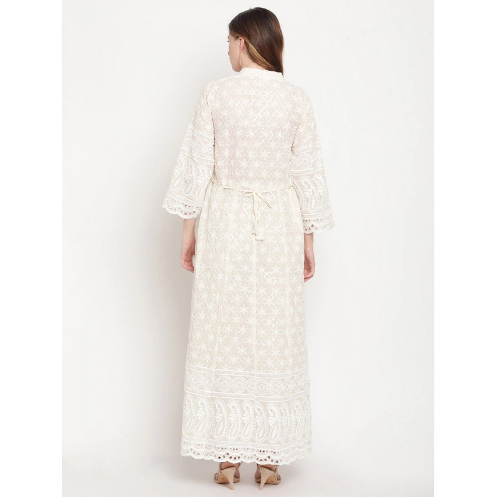 White embroidered cotton anarkali kurti with 3/4th sleeves, ankle length, and mandarin collar for women's casual wear