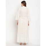 White embroidered cotton anarkali kurti with 3/4th sleeves, ankle length, and mandarin collar for women's casual wear