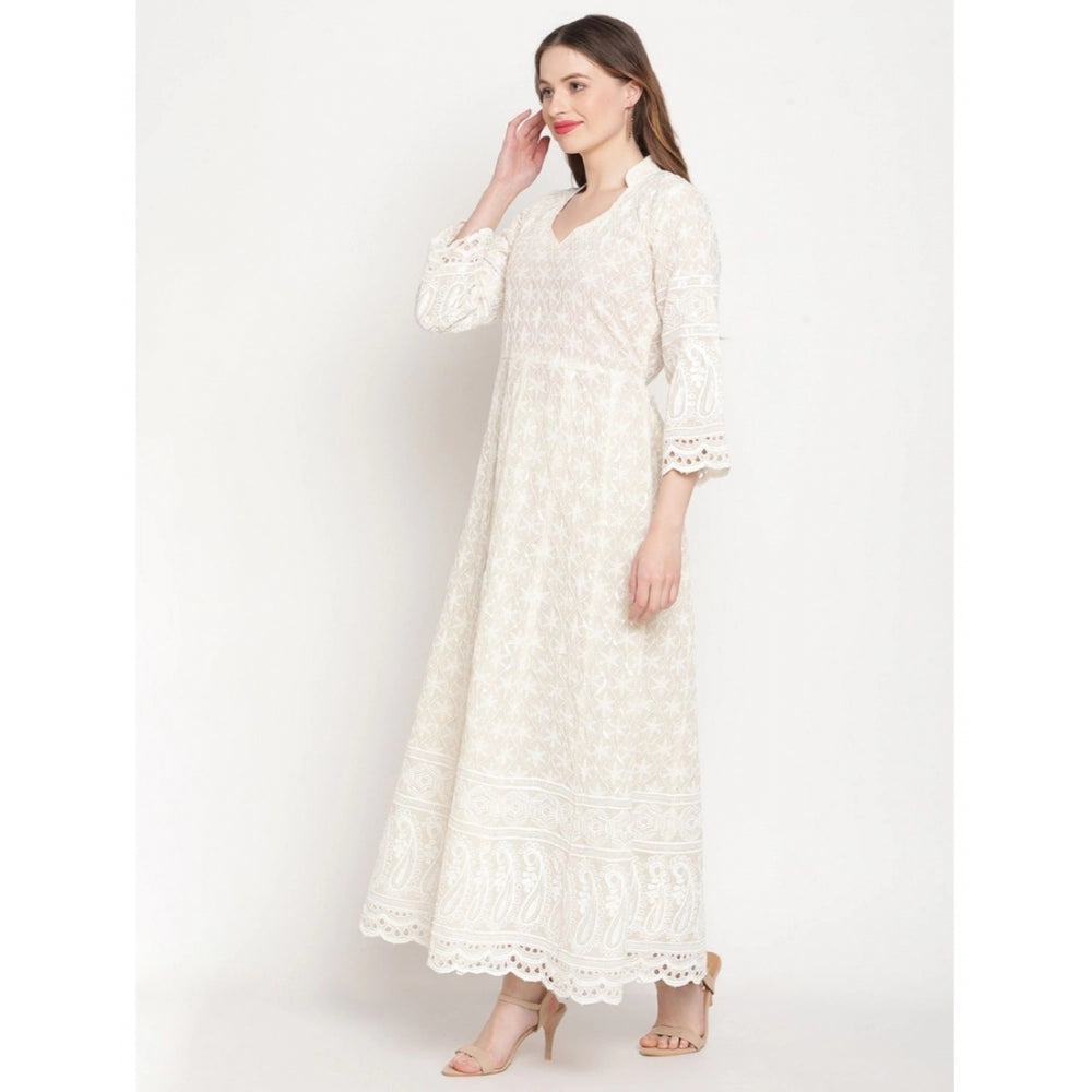 White embroidered cotton anarkali kurti, casual 3/4th sleeve length with ankle-length and mandarin collar style