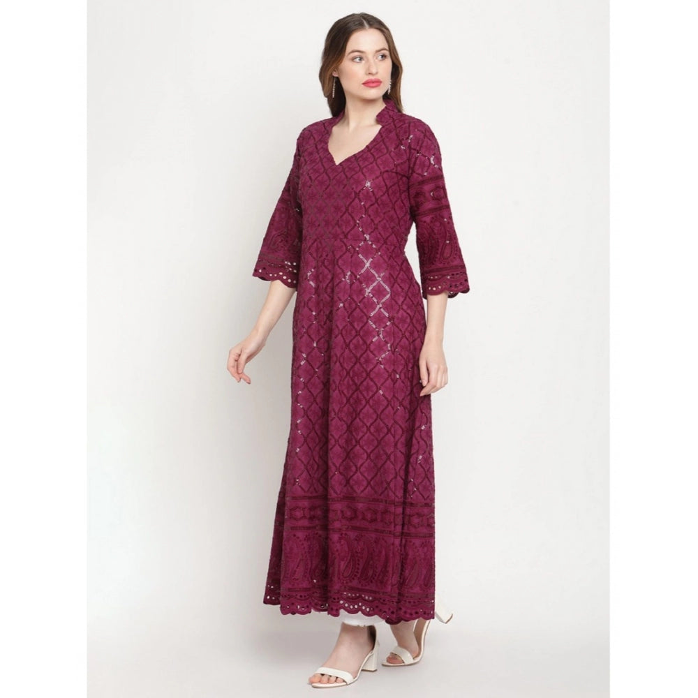 Purple embroidered cotton anarkali kurti, casual 3/4th sleeve length, ankle-length design for women