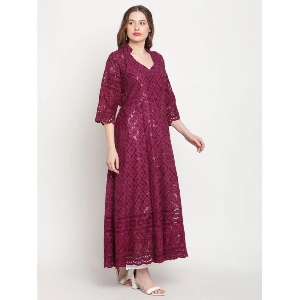 Purple embroidered cotton anarkali kurti with 3/4th sleeves, ankle length, mandarin collar