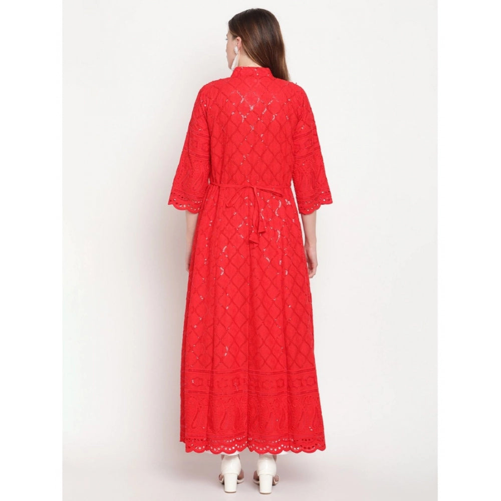 Red embroidered cotton ankle-length Anarkali kurti with mandarin collar and 3/4th sleeves