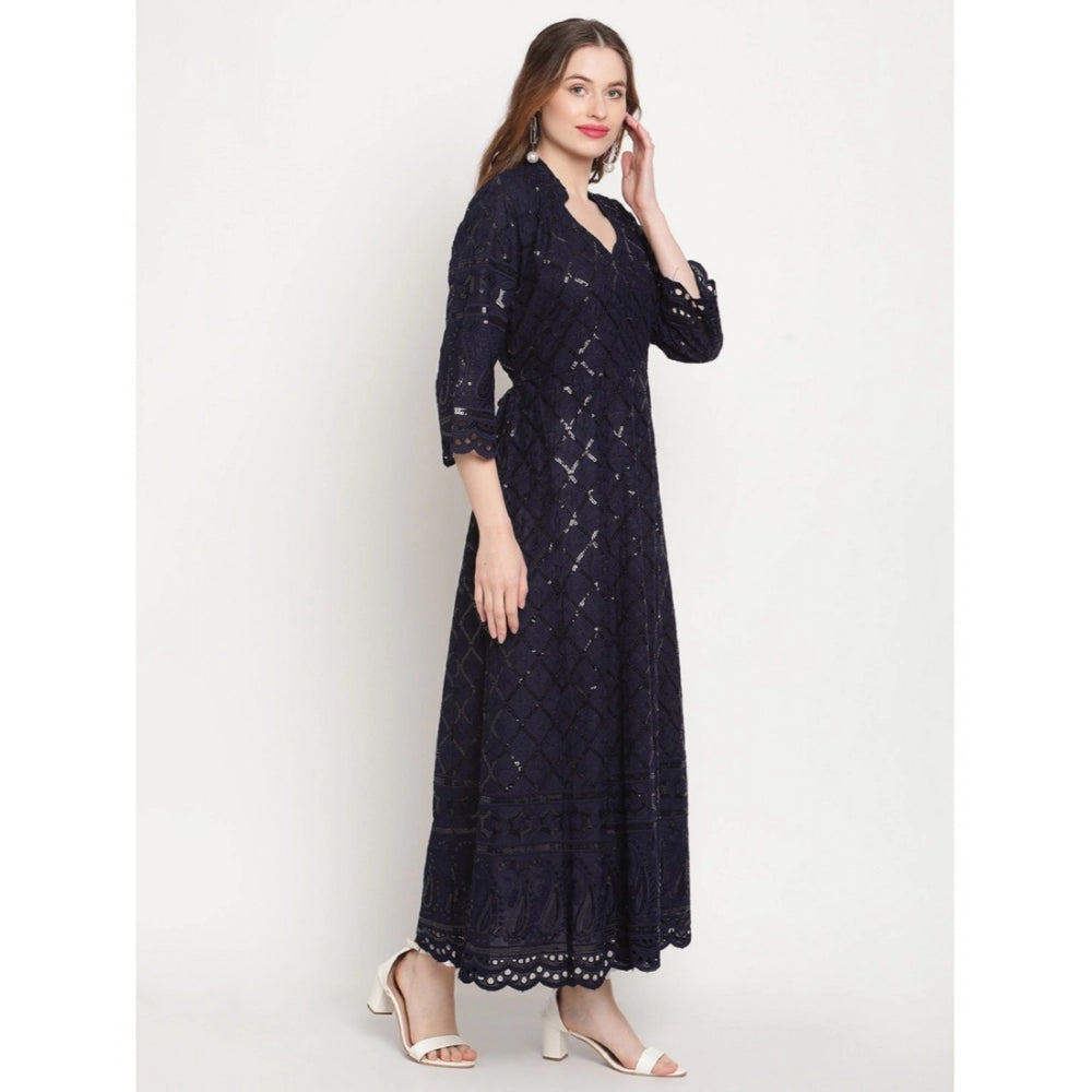 Navy Blue Embroidered Cotton Anarkali Kurti with 3/4th sleeves and ankle length, casual style for women