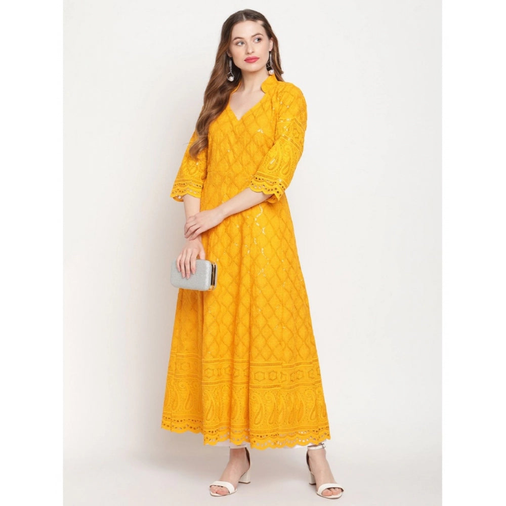 Mustard embroidered cotton ankle-length Anarkali kurti with mandarin collar, 3/4th sleeve