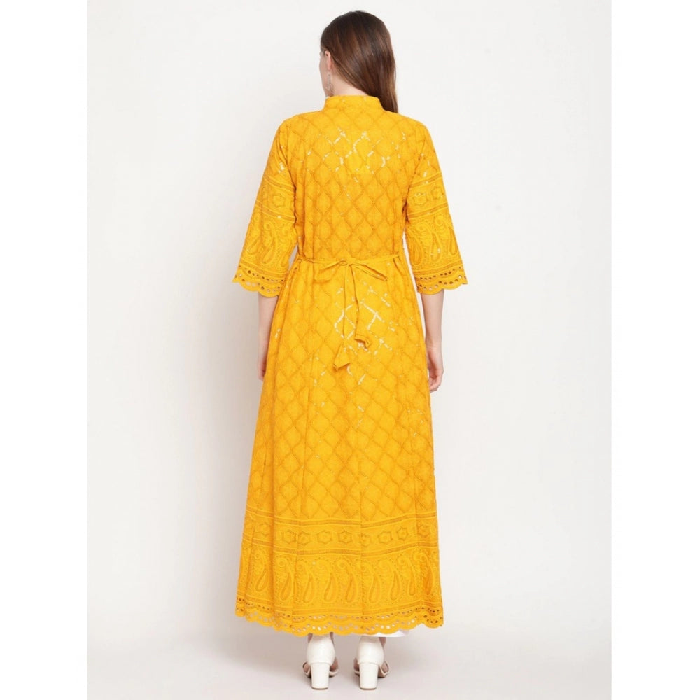 Mustard embroidered cotton ankle-length Anarkali kurti with 3/4th sleeve for women
