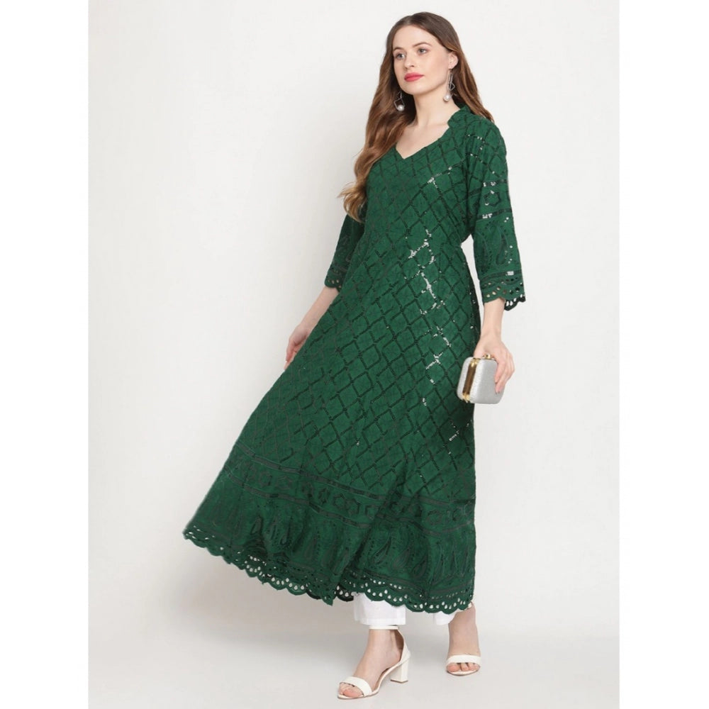 Dark green embroidered cotton ankle-length Anarkali kurti for women