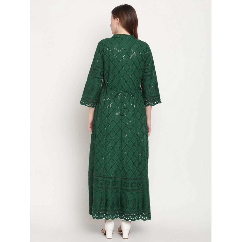 Dark Green embroidered cotton anarkali kurti with 3/4th sleeves and mandarin collar, women's casual style, ankle length