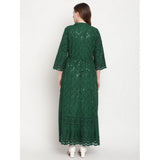 Dark Green embroidered cotton anarkali kurti with 3/4th sleeves and mandarin collar, women's casual style, ankle length