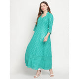 Blue embroidered cotton ankle-length Anarkali kurti with 3/4th sleeves and mandarin collar