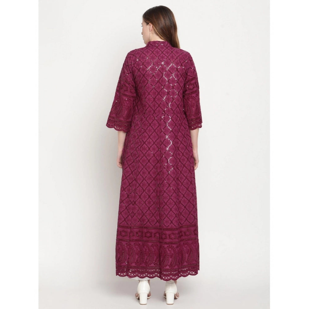 Purple embroidered cotton ankle-length Anarkali kurti for women