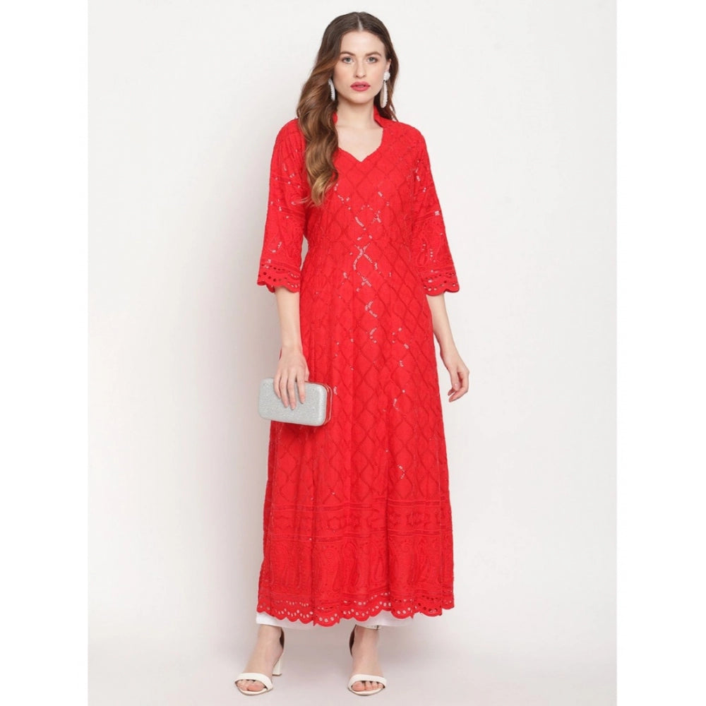 Red embroidered cotton ankle-length Anarkali kurti with 3/4th sleeves