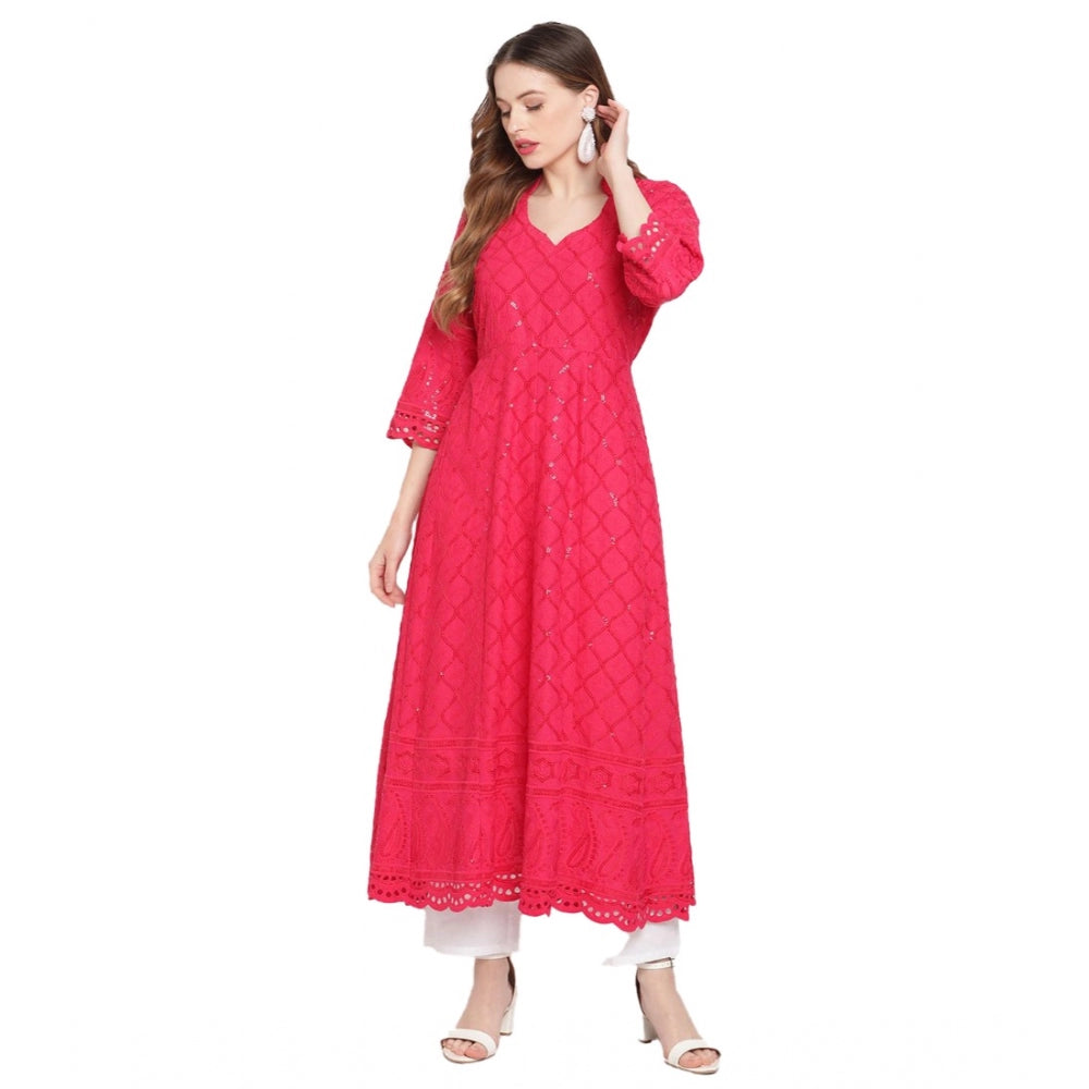 Magenta embroidered cotton anarkali kurti with 3/4th sleeves and mandarin collar