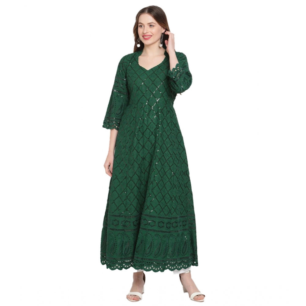 Dark Green Embroidered Cotton Anarkali Kurti with 3/4th sleeves