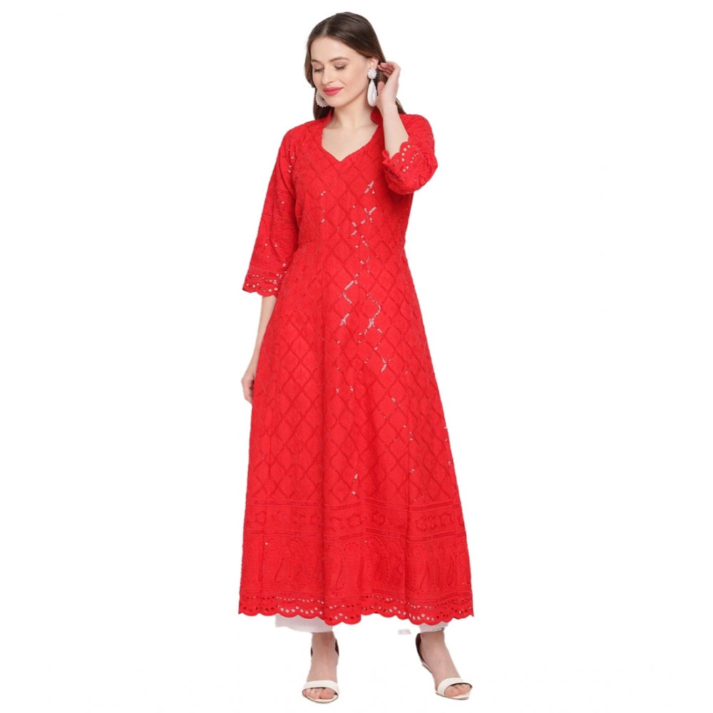 Red embroidered cotton ankle-length Anarkali kurti with 3/4th sleeves