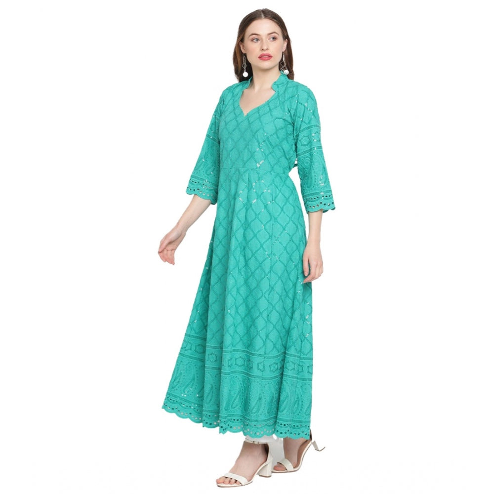 Blue embroidered cotton Anarkali kurti with 3/4th sleeves and ankle length, mandarin collar style for women