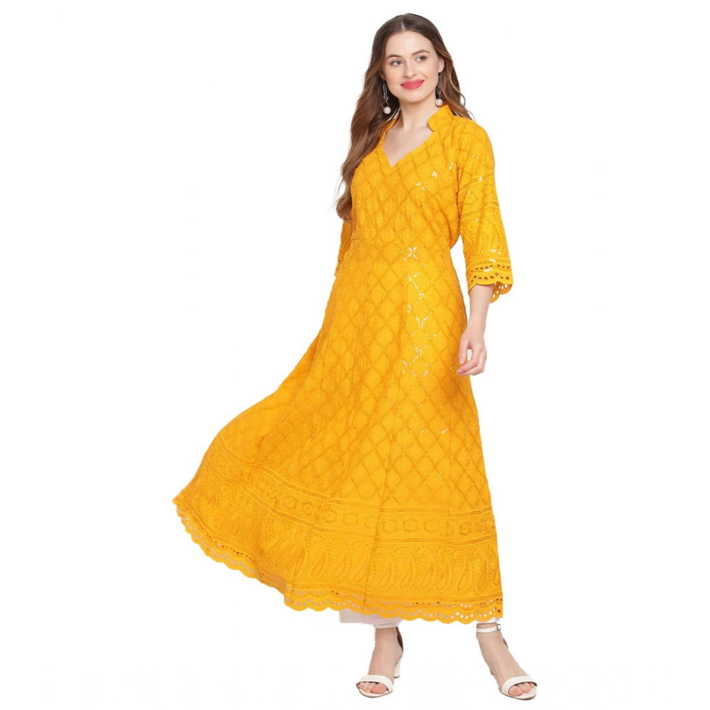 Mustard embroidered cotton ankle-length Anarkali kurti with 3/4th sleeves and mandarin collar