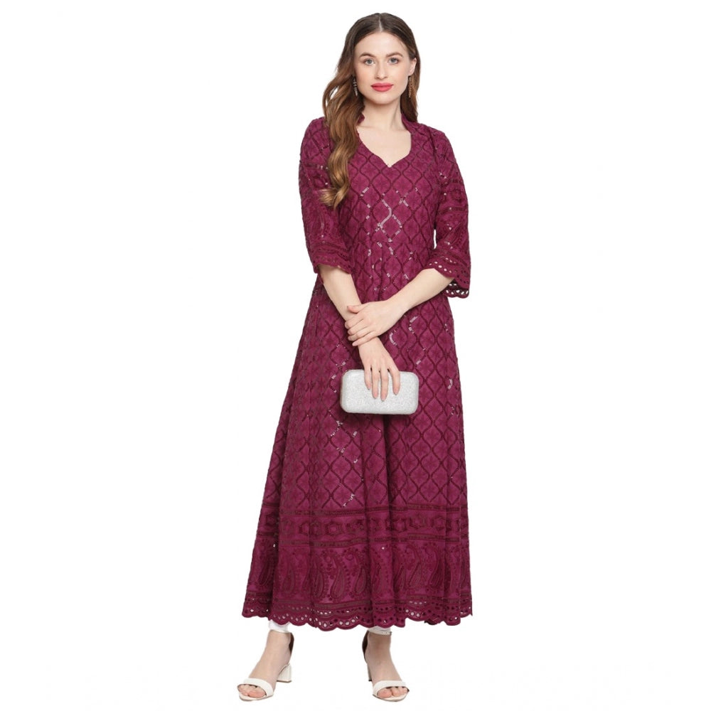 Purple embroidered cotton anarkali kurti, 3/4th sleeve, casual style for women