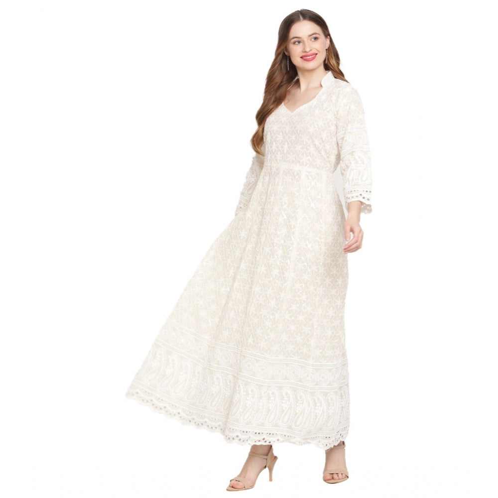 White embroidered cotton ankle-length Anarkali kurti with mandarin collar and 3/4th sleeves