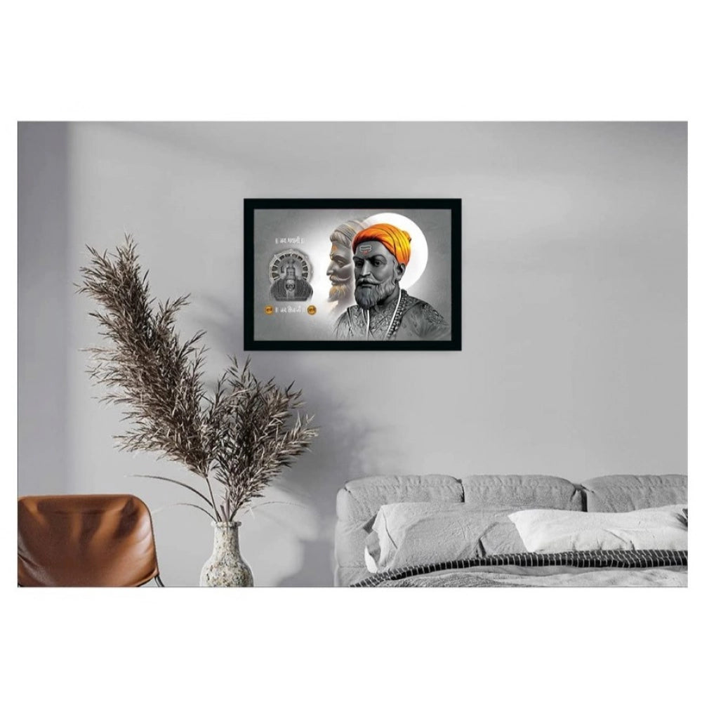 Multicolor Shivaji Maharaj painting with sparkle coated synthetic frame, rectangular lightweight water-resistant wall mount (14x20 inch)
