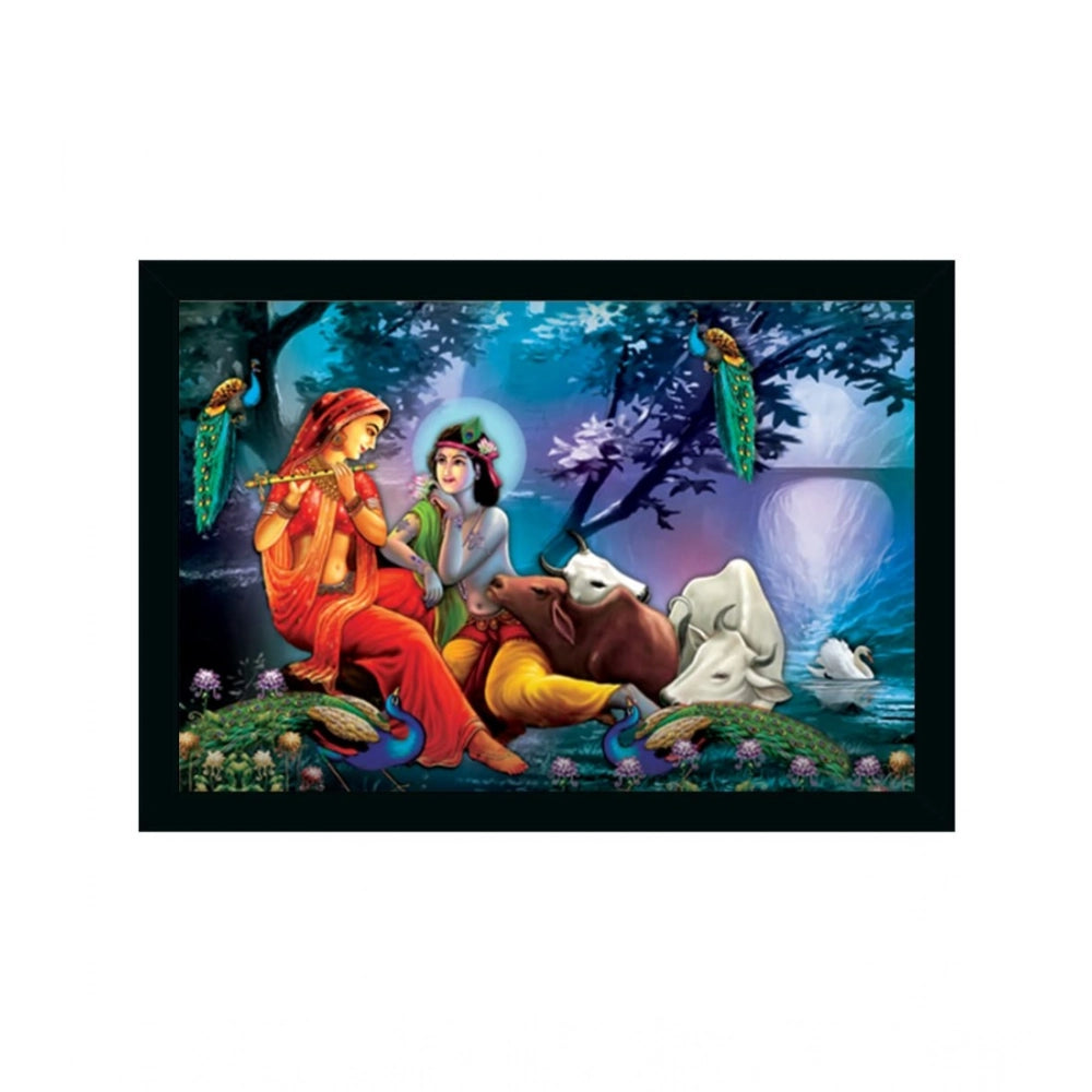 Multicolor vinyl-sparkle coated Radha Krishna painting with lightweight, water-resistant synthetic frame (14x20 inch)