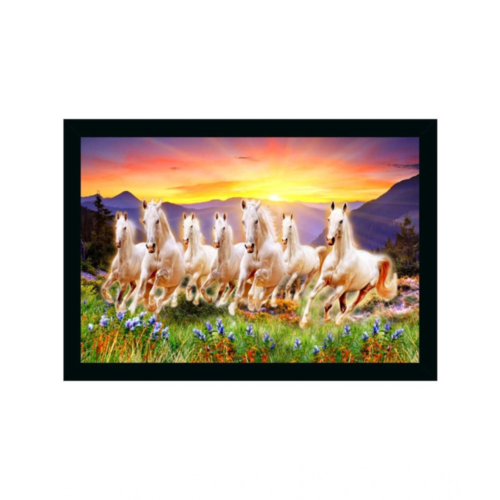 Multicolor, lightweight water-resistant Vastu Seven Running Horses painting framed for wall mount, 14x20 inch art display