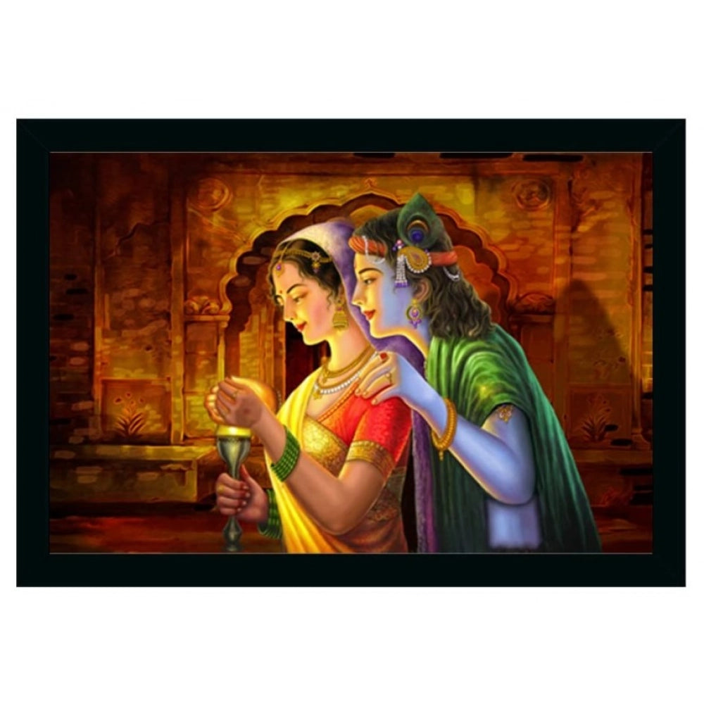 Multicolor vinyl sparkle coated Radha Krishna painting with synthetic frame, lightweight and water-resistant framed art on wall mount