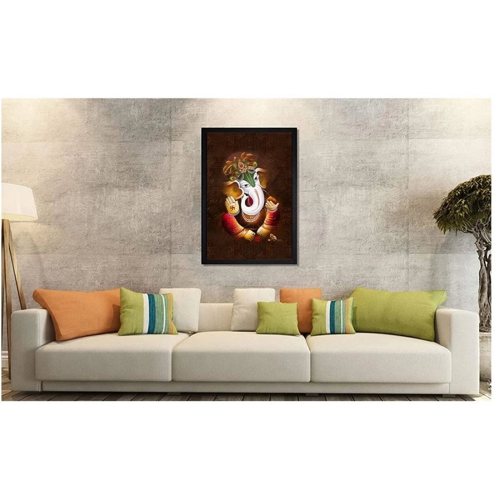 Multicolor Ganesh photo with lightweight, water-resistant synthetic frame. Rectangular framed art for wall mount, 14x20 inch size