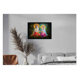 Radha and Krishna painting in a vibrant, multicolored style on a photo frame