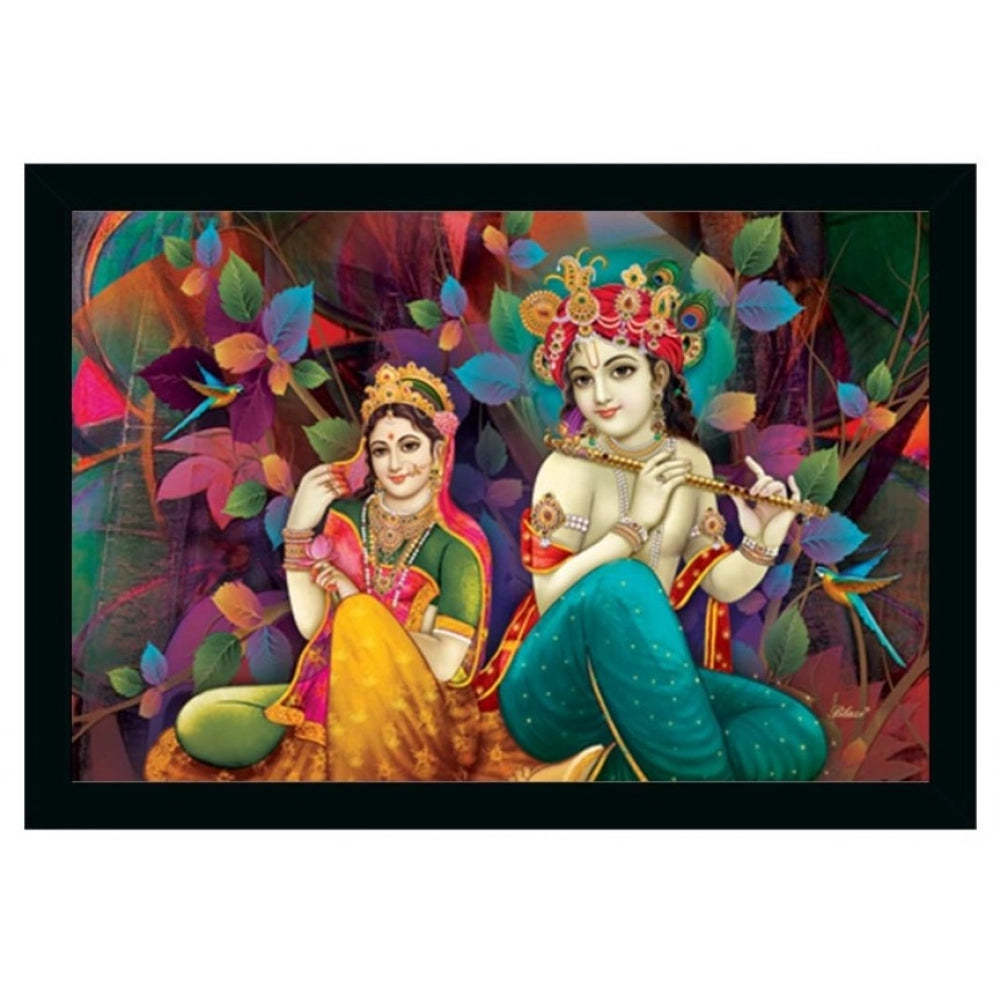 Multi-colored Radha Krishna painting on sparkle coated vinyl, lightweight water-resistant synthetic frame for wall mount (14x20 inches)