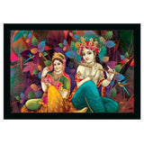 Multi-colored Radha Krishna painting on sparkle coated vinyl, lightweight water-resistant synthetic frame for wall mount (14x20 inches)