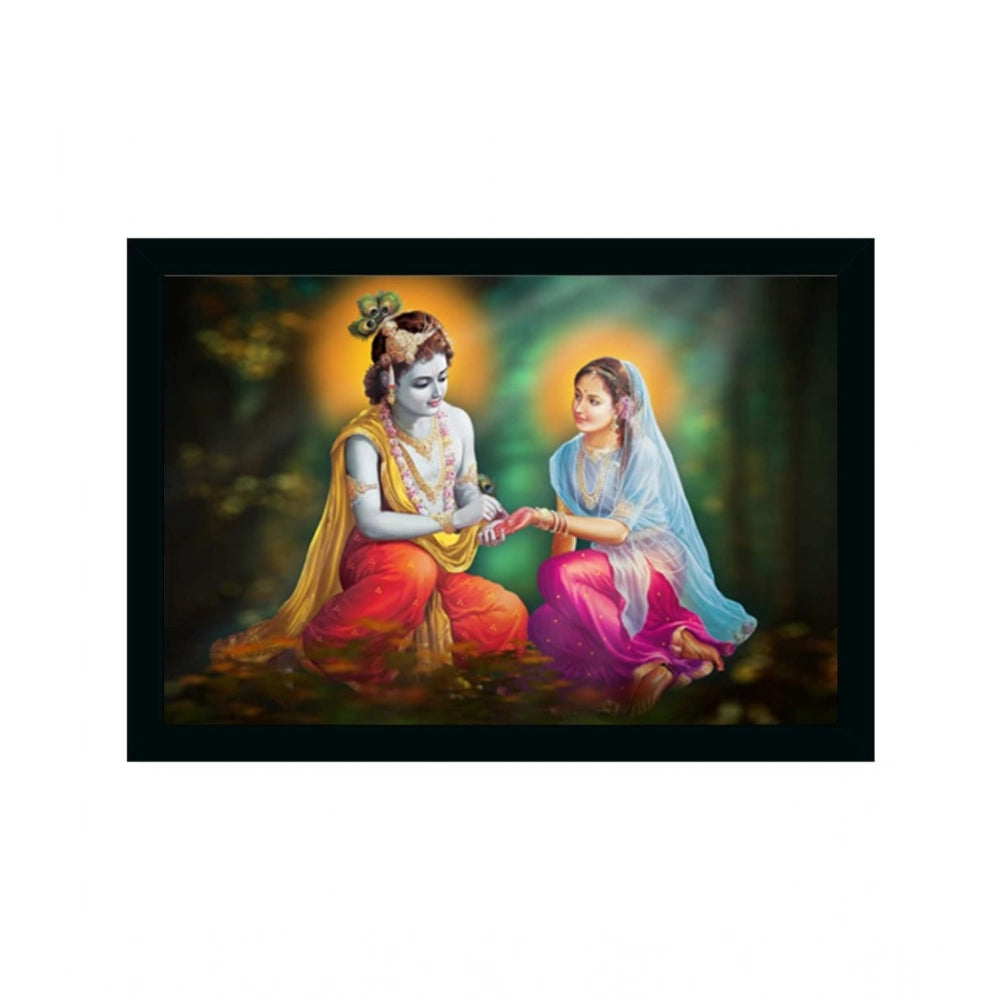 Multicolored Radha-Krishna painting on vinyl sparkle coated canvas with photo frame
