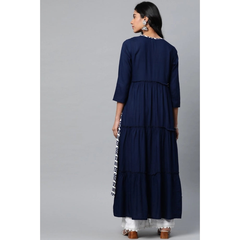 Navy Blue Geometric Rayon Women's Casual 3/4 Sleeve Kurti - Vibrant geometric pattern for floral length kurti